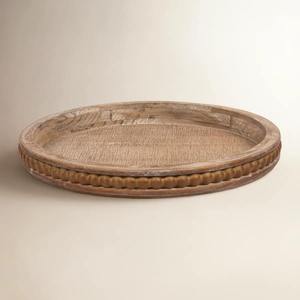 Plateau de service rond en bois brun naturel style Art déco moderne avec fonction coulissante, bord perlé décoratif, organisateur de table basse pour usage domestique - Product Image 3