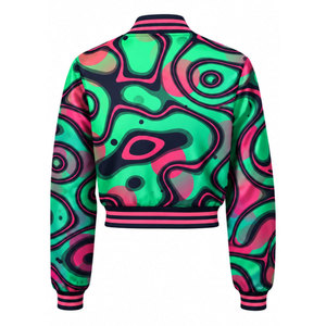 Green Pink Geometric Print Varsity <b>Jacket</b> Women's <b>Short</b> Crop Bomber Coat Full <b>Sleeve</b> Turn-down Collar Polyester Autumn Style - Product Image 3