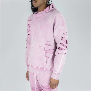 Ensemble de survêtement décontracté pour homme White Bird Express, sweat à capuche rose déchiré et pantalon de jogging déchiré, tenue streetwear décontractée 100% coton - Product Image 3