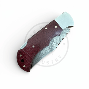 Couteau pliant artisanal en acier Damas avec logo personnalisé, verrouillage arrière, pour la chasse, EDC, allume-feu, lame en acier inoxydable, manche en bois - Product Image 4