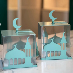 ของตกแต่งรูปมัสยิดสีฟ้าเคลือบเงาสำหรับเดือนรอมฎอนของชาวมุสลิม ของประดับตกแต่งกลางโต๊ะแบบอิสลาม ของขวัญวันอีดมูบารัค กระปุกทรงมัสยิด - Product Image 1