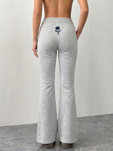 PORTACE ENTERPRISES Pantalon évasé gris taille haute pour femme, mélange de coton léger, décontracté, coupe ample, longueur intégrale, avec cordon de serrage, idéal pour l'automne - Product Image 2