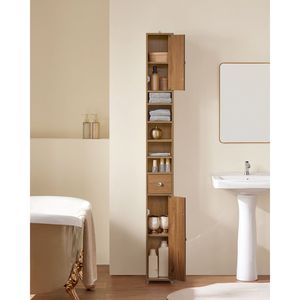 Luxury Solid Teak Wood Tall Bathroom <b>Cabinet</b> Ultra <b>Slim</b> Linen Tower Storage Organizer with Drawer - Product Image 2