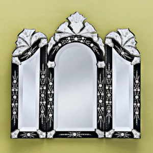 Luxury Venetian Baroque Triple <b>Panel</b> Arch Wall <b>Mirror</b> with Black & Silver Ornate Floral Etched Frame | Antique <b>Mirror</b> for Home - Product Image 1