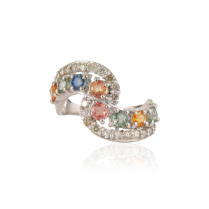 Vente en gros d'usine, bague en argent sterling 925 incurvée et croisée, multi-saphirs et diamants, pour femmes, à porter au quotidien - Product Image 1