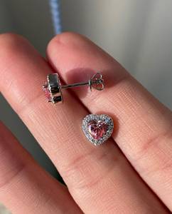 Pink Heart Moissanite <b>Stud</b> Earrings – Velaboo Halo Diamond Design – 925 <b>Silver</b> – Romantic Valentine’s Day Fine Jewelry - Product Image 1