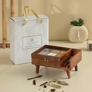Compartment Wooden Table Top Masala Dabba Containers Jars & Kitchen <b>Spice</b> <b>Box</b> with Wooden Spoon - Product Image 3