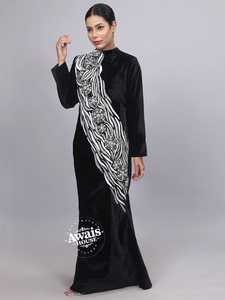 AWAIS HOUSE Luxurious Velvet Lightweight High Neck Long Sleeve Floor Length <b>Flared</b> Hem Hand Beaded Plus Size Kaftan Women Ethnic - Product Image 3