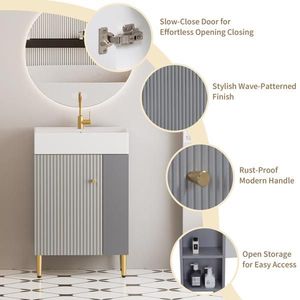 Mobile bagno con ripiano aperto da 21,6 pollici, lavabo in ceramica con chiusura ammortizzata e specchio, armadietto contenitore per guardaroba a destra - Product Image 3