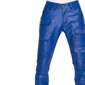 Pantalon cargo décontracté pour homme en cuir bleu léger et respirant, taille mi-haute, plusieurs poches, coupe droite, braguette zippée, pour l'hiver 2027 - Product Image 4