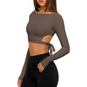 Women Seamless Brown Long Sleeve Yoga Top Square Neck Cut-Out Solid <b>Color</b> Activewear Full Sleeve Breathable Fitness <b>Shirt</b> - Product Image 2