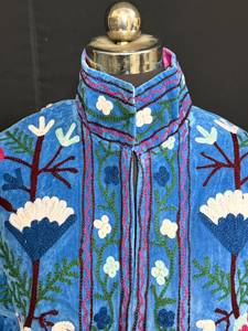 Stunning Blue Velvet Floral Suzani Embroidered Jacket Royal Boho High Neck <b>Coat</b> Handmade Designer Winter Wear For Women - Product Image 5