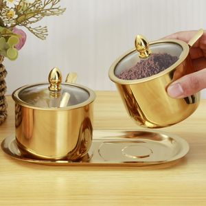 Luxury sugar container set gold kitchen jar set <b>spice</b> container set with <b>tray</b> condiment jar with lid spoon sugar bowl - Product Image 2