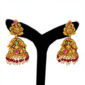 Antique 22k Solid Gold <b>Drop</b> <b>Earrings</b> Handcrafted Lakshmi Motif Wedding Jewelry with Green <b>Emeralds</b> and Natural Pearls - Product Image 1