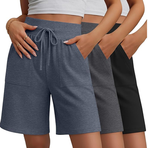 High Waist <b>Drawstring</b> Shorts With Pockets Casual Loose Fit Knitted Cotton Spandex Women's Solid Color Breathable Shorts - Product Image 1