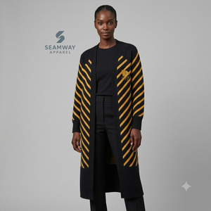 NCBW Sorority Women's Longline Open Front Cardigan Black Gold Striped Ribbed Cuffs Embroidered Duster Sweater With Side Slits - Product Image 6