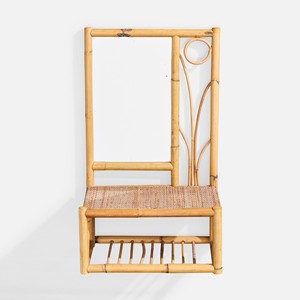 Cloud shape wooden mirror with storage <b>shelf</b> & <b>hook</b> functional rattan wall hanging mirrors - Product Image 5
