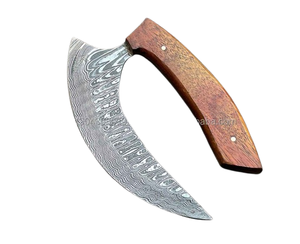 Custom Handmade Damascus Steel Pizza Cutter Wheel Ulu Knife Premium Wooden Handle Kitchen Axe with Genuine Leather Sheath - Product Image 4