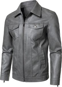 Giacca da Motociclista in Pelle PU Grigia per Uomo, Chiusura con Cerniera, Colletto Rovesciato, Maniche Regolari, Vestibilità Slim, Tinta Unita, Stile Autunnale - Product Image 2