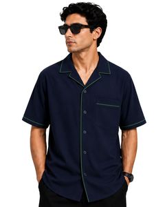Manufacturer Custom <b>Navy</b> Blue Cuban Collar Men Shirt Green Contrast Piping Casual Half Sleeve Summer Streetwear Fashion <b>Top</b> Wear - Product Image 1