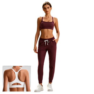 Ensemble de yoga respirant sans coutures taille haute bordeaux uni, comprenant un crop top à col en V profond et bretelles spaghetti, et un pantalon de jogging long, 3 pièces élastiques - Product Image 4