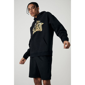 Sudadera con capucha negra de algodón grueso con efecto lavado ácido y estampado gráfico frontal en lámina dorada, estilo streetwear personalizado, hombros caídos, de secado rápido. - Product Image 1