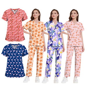 Medical <b>Scrubs</b> <b>Set</b> Unisex Printed Flower Hospital Uniform Nursing <b>Scrubs</b> Woven Fabric Medical Uniforms <b>Set</b> - Product Image 2