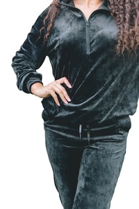 Women Black Hooded Velour <b>Tracksuit</b> Full Sleeve Solid Color Casual Jogger Set Side Pockets Elastic Waist Autumn Wear - Product Image 4