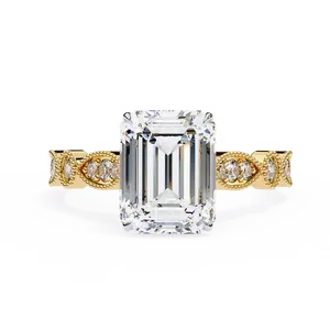 Anillo de Compromiso con Diamante Cultivado en Laboratorio, Corte Esmeralda de 2.5ct, Oro Sólido de 18K, Certificado IGI, VVS E-F, Anillo Fino con Acento Redondo Vintage - Product Image 1