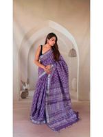 Saree Linen Cetak Tangan Murni dengan Blus Senada, Pewarna Alami, Buatan Tangan, Pakaian Etnis India, Cetak Bebas Bahan Kimia, Cepat