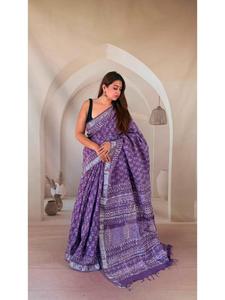 Sari en lin imprimé à la main, chemisier assorti, couleur naturelle, vêtement ethnique indien fait main, impression sans produits chimiques, livraison rapide - Product Image 6