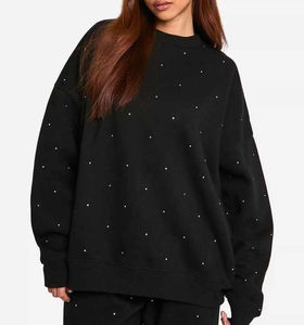 Sweat-shirt à épaules tombantes en strass pour femme, col rond, décontracté, en coton tricoté uni imprimé, HOODIE en molleton – Vente en gros de streetwear - Product Image 2