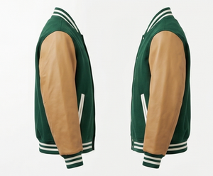 Veste universitaire verte pour homme avec manches en PU marron, boutonnée sur le devant, col rabattu, coupe classique, vêtement d'extérieur décontracté pour l'automne - Product Image 5