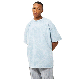 Camiseta de punto para hombre 100% algodón, corte regular, lavado ácido, hombro caído, lisa, estilo urbano, peso pesado, antiarrugas - Product Image 2