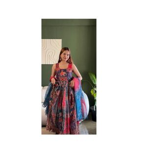 Conjunto de vestido de organza suave premium con estampado digital de motivos patola, falda amplia, ropa étnica, dupatta de organza suave con borde estampado, ropa de lujo. - Product Image 1