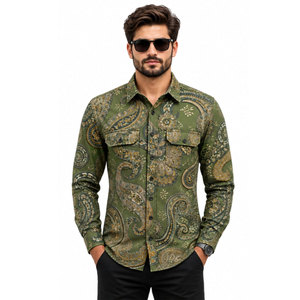 Chemise de travail pour homme à manches longues, motif cachemire vert, respirante, en polyester, impression par sublimation, vêtements de travail tendance - Product Image 4