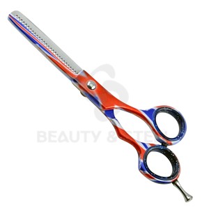 Ciseaux professionnels pour la texture des cheveux, motif rouge, blanc et bleu, avec 27 dents de précision pour une texturisation avancée - Product Image 1