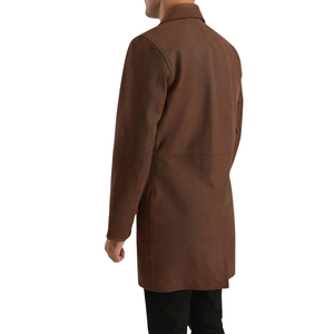 <b>Men's</b> Brown Genuine Leather Double Breasted Knee Length <b>Overcoat</b> Notched Lapel Coat - Product Image 2