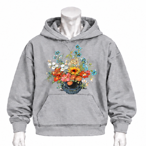 Sudadera con Capucha Gris Claro con Estampado Floral de Ramo de Flores, Estilo Oversize con Bolsillo Canguro, Casual para Uso Diario y Streetwear - Product Image 1