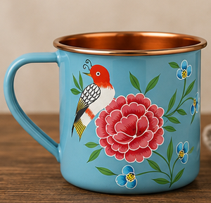 Taza de esmalte morado con diseño de pájaro rojo y asa floral, vajilla para el hogar, taza con borde de cobre, taza de regalo para amantes de las aves, taza floral estilo boho - Product Image 3
