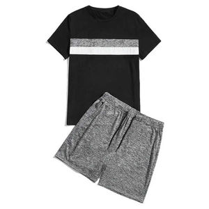Men's Casual Summer T-Shirt <b>Set</b> Black Crew Neck Color Block Short Sleeve Gray Elastic Waist Shorts Breathable <b>Knitted</b> Fabric - Product Image 1