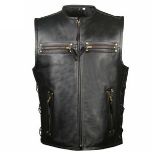 Men's <b>Black</b> Genuine Leather Moto <b>Vest</b> Stand Collar Zipper Closure Side Lacing Autumn Outerwear - Product Image 3