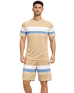 Conjunto Deportivo para Hombre en Beige, Blanco y Azul Claro, Camiseta y Pantalones Cortos Transpirables de Secado Rápido para Gimnasio, Atletismo, Running y Entrenamiento - Product Image 1