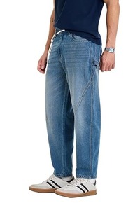Jean en denim indigo authentique bleu pour homme, coupe ample, taille mi-haute, délavage clair, résistant à la décoloration, écologique, couleur pierre, collection printemps - Product Image 1