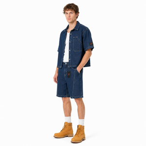 Men's Denim Short <b>Set</b> Button Up Shirt Matching Shorts Solid Color Breathable Cotton Casual Summer Wear Regular Fit Denim <b>Set</b> - Product Image 5