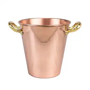 Copper Sheet Ice Bucket With Shiny Polish Finishing Round Shape With Two Side Brass Handle High Quality For Barware