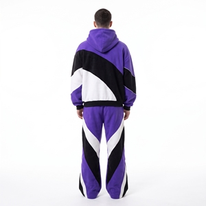 <b>Mens</b> Purple Black <b>White</b> Color Block Tracksuit Set Hoodie Wide Leg <b>Pants</b> Custom Streetwear Sportswear Matching Outfit - Product Image 2