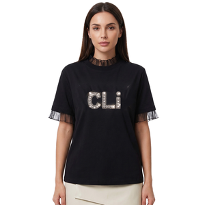 Chemisier décontracté noir uni en coton pour femme avec bordure à volants, logo personnalisé en strass étincelants, coupe régulière, col rond - Product Image 4