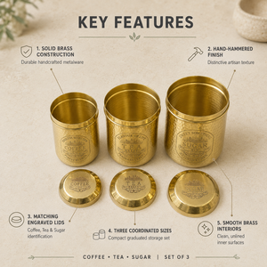 Ensemble de 3 pots à café, thé et sucre en laiton martelé SHUBHAM avec couvercles – Boîtes de rangement dorées martelées pour la cuisine - Product Image 5