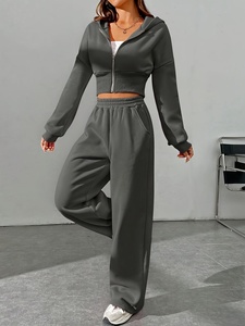 Survêtement gris à capuche pour femme, manches longues, couleur unie, sweat-shirt décontracté, pantalon à taille élastique, respirant, poids moyen, pour le jogging - Product Image 3